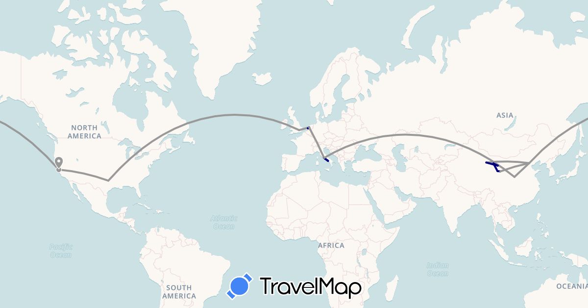 TravelMap itinerary: driving, plane in China, United Kingdom, Italy, Netherlands, United States (Asia, Europe, North America)